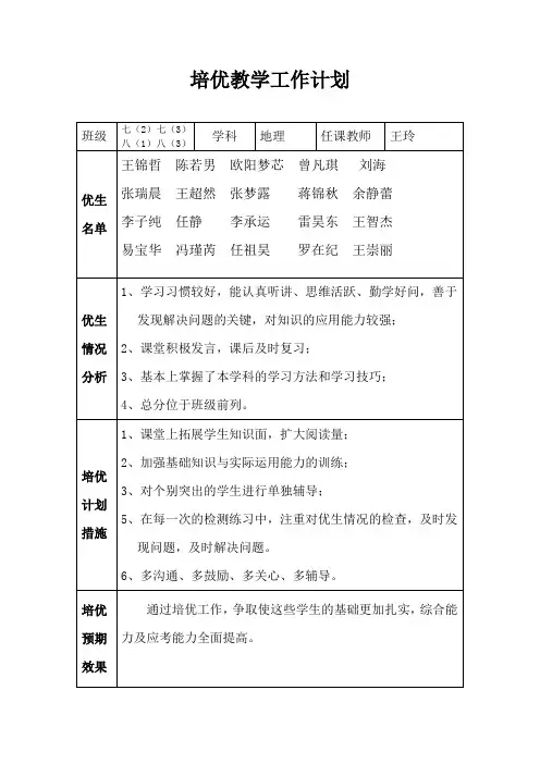 七年级地理培优辅潜工作计划