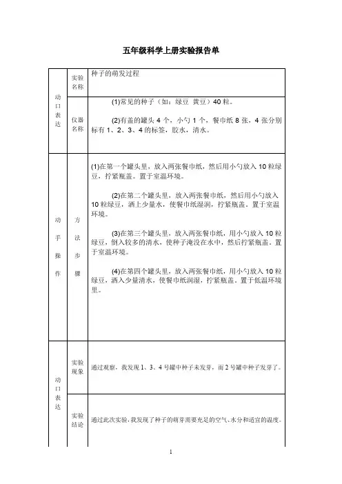 (完整word版)小学科学科学实验报告单