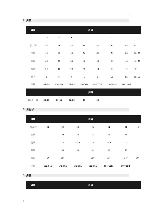 国际尺码对照表
