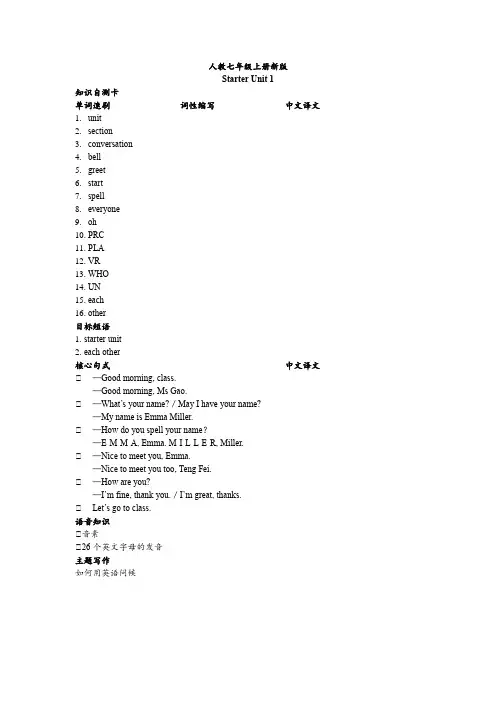 Starter+Unit++1+知识自测卡+2024-2025学年人教版英语七年级上册