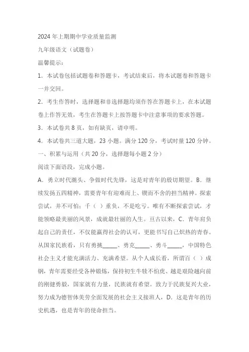 湖南省永州市道县2023-2024学年九年级下学期期中语文试题(原卷版+解析版)