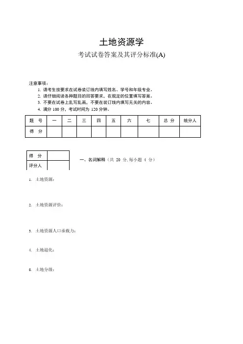 土地资源学试题(可编辑修改word版)