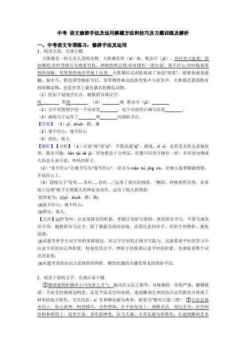 中考 语文修辞手法及运用解题方法和技巧及习题训练及解析
