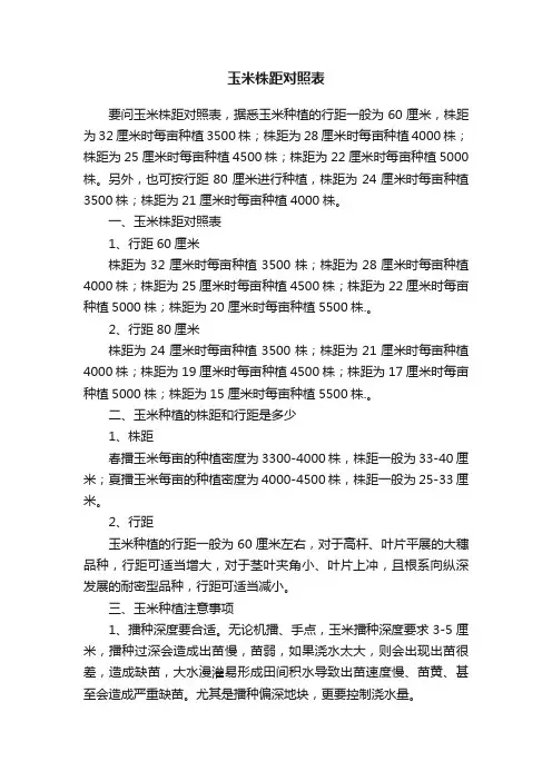 玉米株距对照表