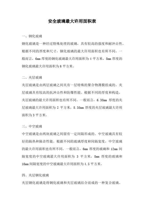 安全玻璃最大许用面积表