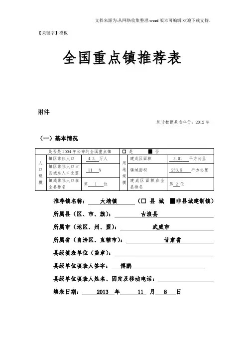 【模板】城镇全国重点镇推荐表模板