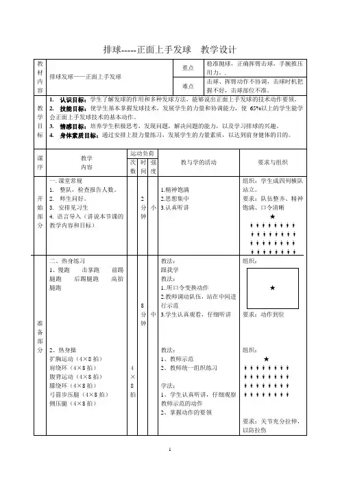 《排球-----正面上手发球》  教学设计