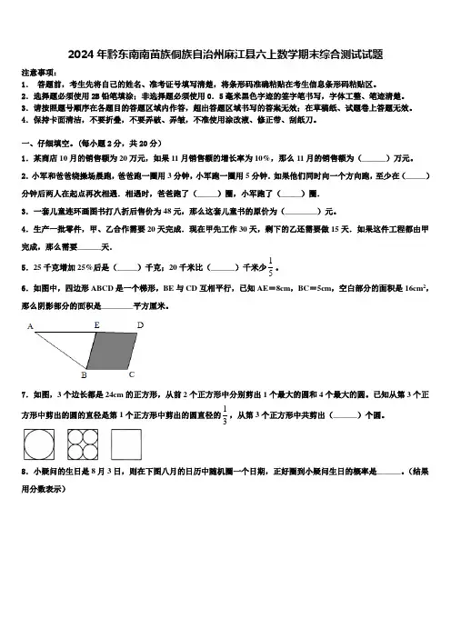 2024年黔东南南苗族侗族自治州麻江县六上数学期末综合测试试题含解析