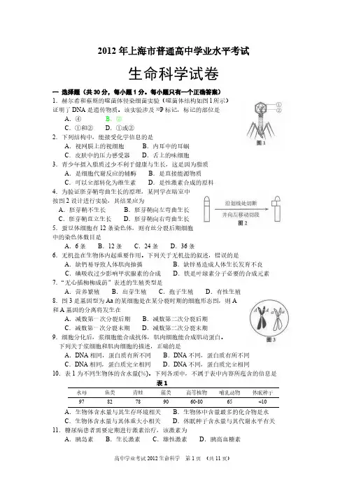 2012年上海市普通高中学业程度考试试卷和答案