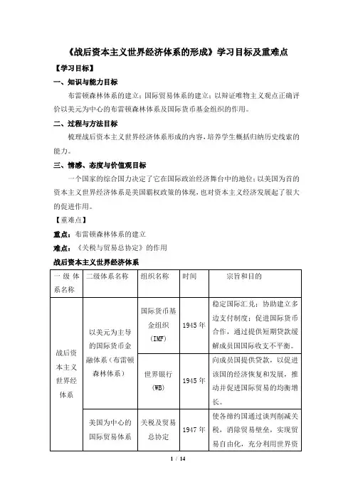 岳麓版高一历史必修2_《战后资本主义世界经济体系的形成》学习目标及重难点