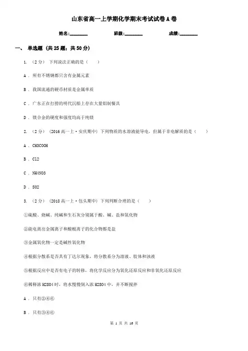 山东省高一上学期化学期末考试试卷A卷新版