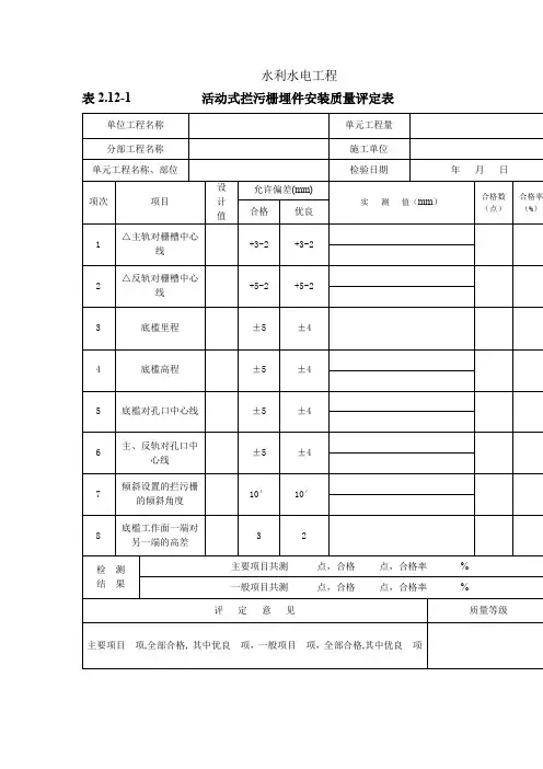 活动式拦污栅埋件安装质量评定表
