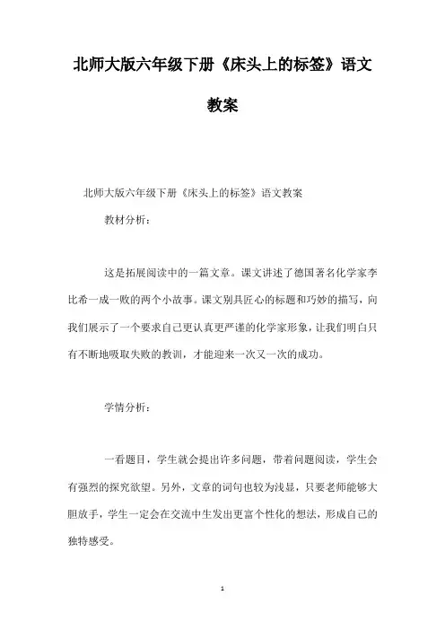 北师大版六年级下册《床头上的标签》语文教案