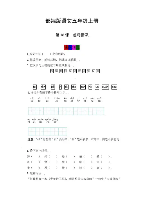 最新人教部编版小学五年级上册语文第18课《慈母情深》学霸课堂笔记及练习