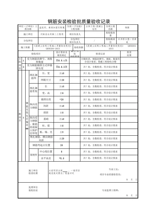 钢筋安装检验批质量验收记录【GB50204-2015】