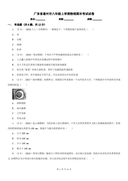 广东省惠州市八年级上学期物理期末考试试卷