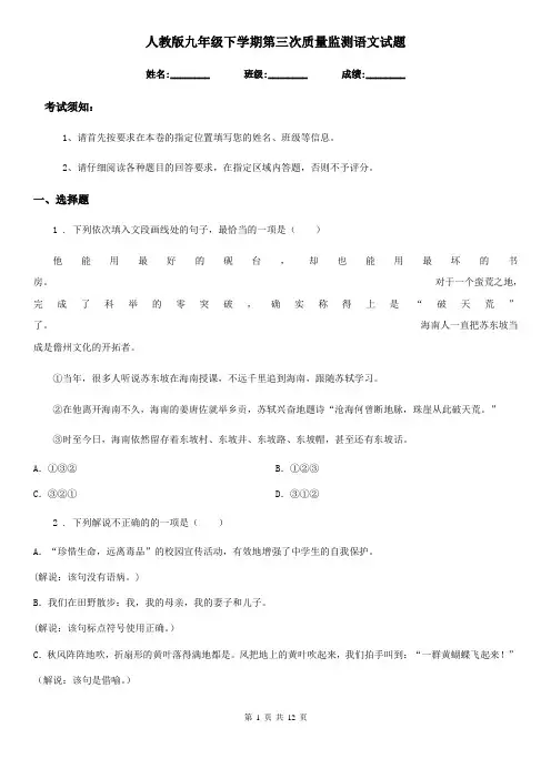 人教版九年级下学期第三次质量监测语文试题