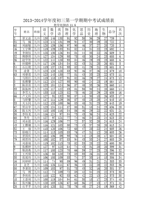 2013下初三期中考试成绩