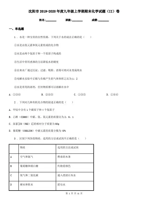 沈阳市2019-2020年度九年级上学期期末化学试题(II)卷