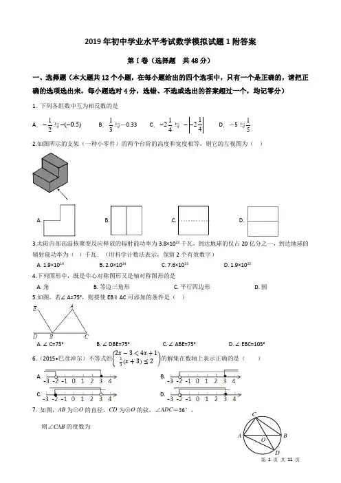 2019年初中学业水平考试数学模拟试题附答案