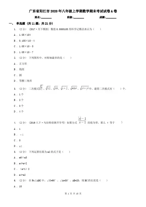 广东省阳江市2020年八年级上学期数学期末考试试卷A卷