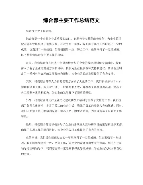 综合部主要工作总结范文