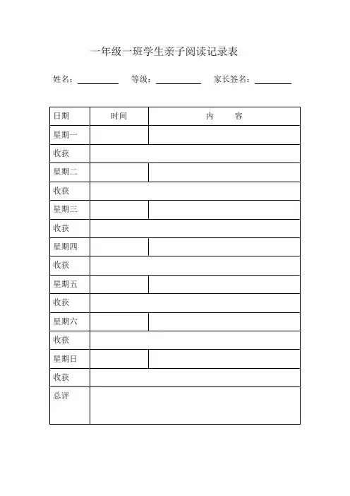一年级一班学生阅读家长登记表