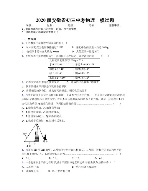 最新2020届安徽省初三中考物理一模试题及解析