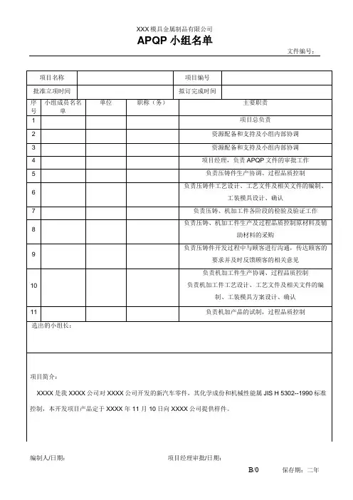 APQP小组名单