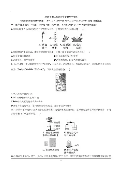 2023年绍兴市中考化学真题