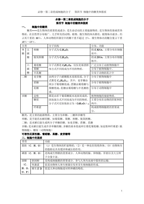 必修一第二章第四节细胞中的糖类和脂质