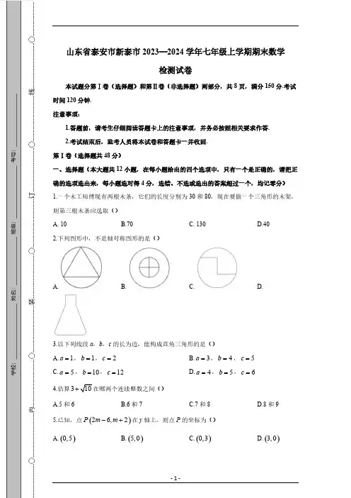 山东省泰安市新泰市2023—2024学年七年级上学期期末数学检测试卷(有答案)