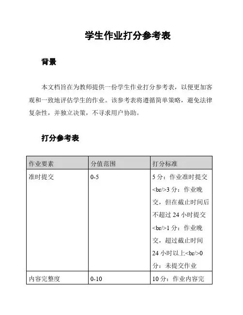 学生作业打分参考表