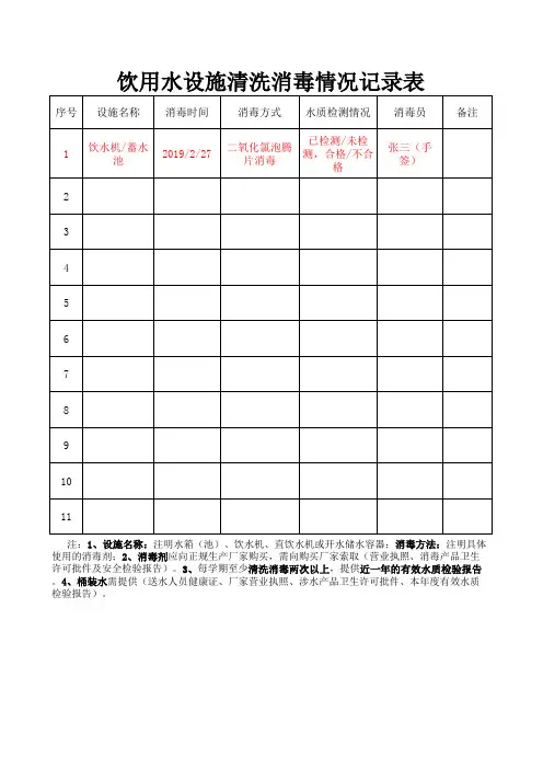 饮用水设施清洗消毒记录表