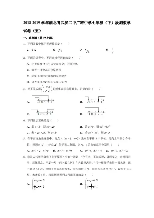2018-2019学年湖北省武汉二中广雅中学七年级(下)段测数学试卷(五)  解析版