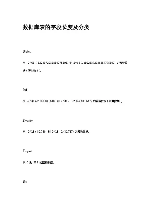 数据库表的字段长度及分类