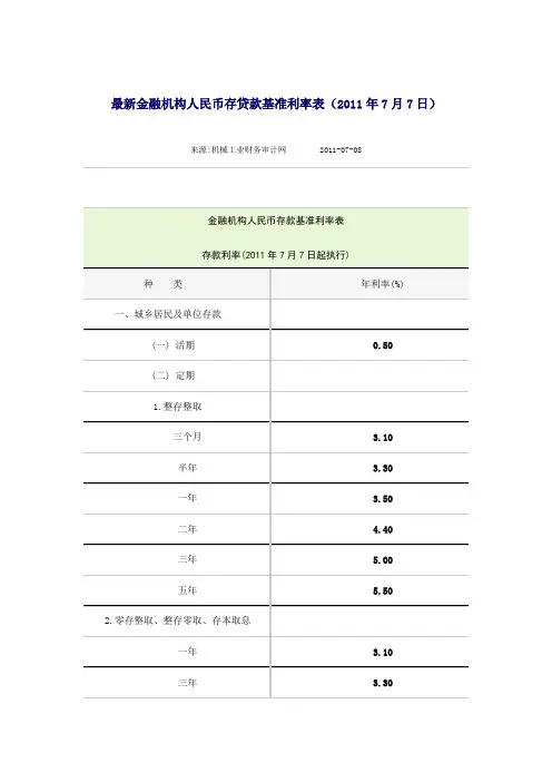 最新金融机构人民币存贷款基准利率表(2011年7月7日)