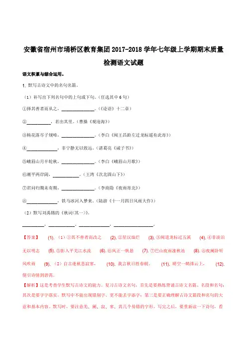 安徽省宿州市埇桥区教育集团2017-2018学年七年级上学期期末质量检测语文试题(解析版)