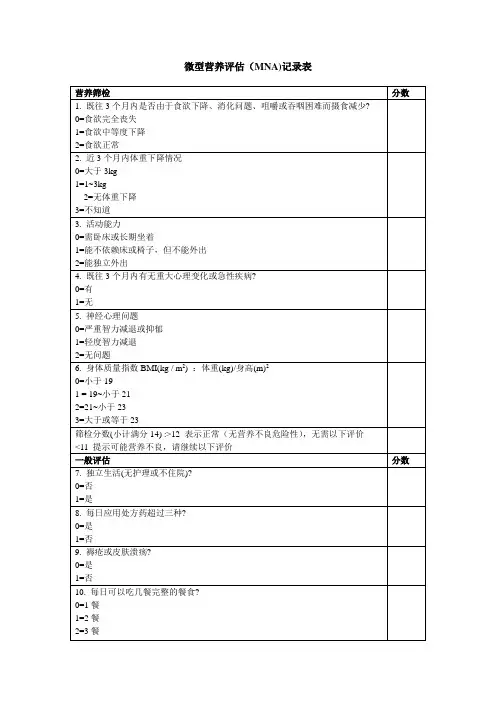 微型营养评估MNA表完整优秀版