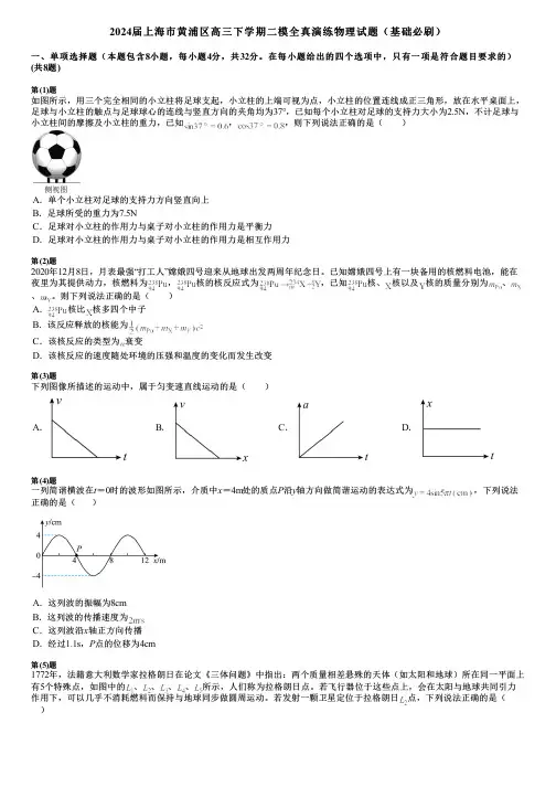 2024届上海市黄浦区高三下学期二模全真演练物理试题(基础必刷)