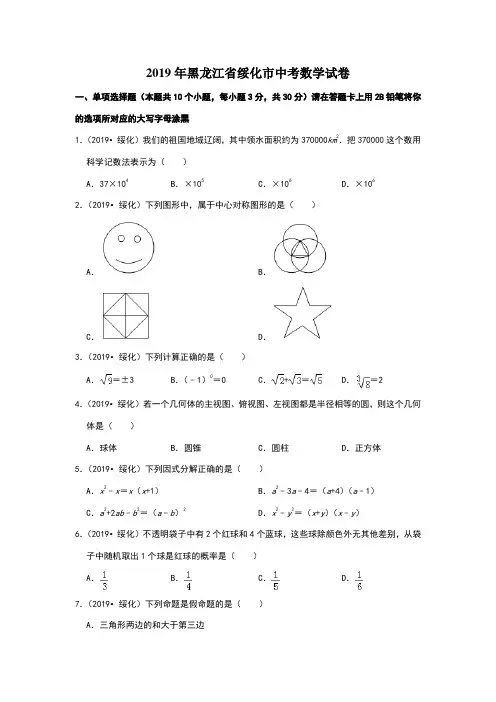 2019年黑龙江省绥化市中考数学试卷(33)