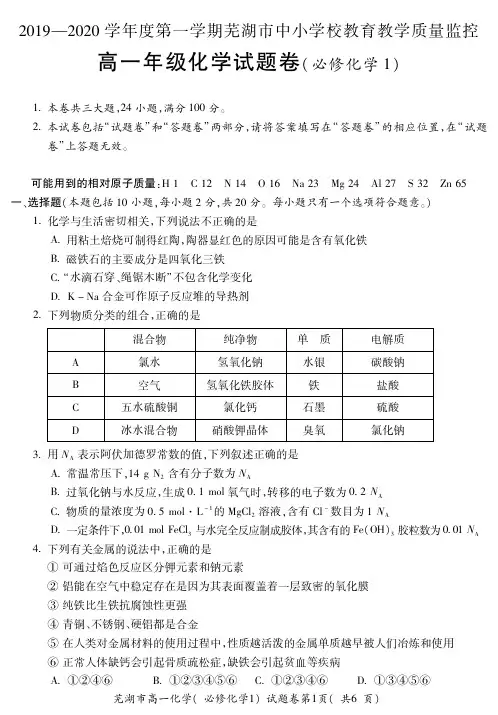 芜湖市2019-2020学年高一上学期期末考试化学试卷及答案