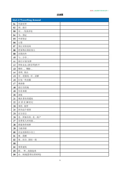 2019人教版高中英语必修一Unit 2 Travelling Around短语英汉互译表