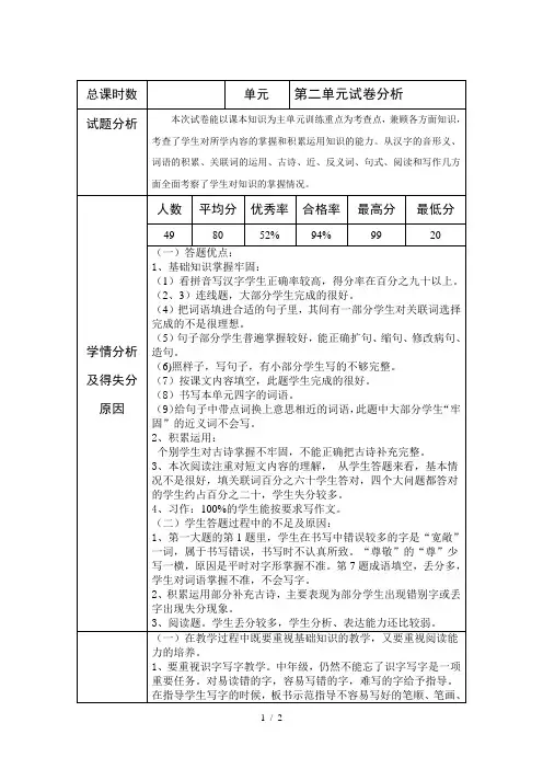 人教版小学语文五年级-第二单元试卷分析