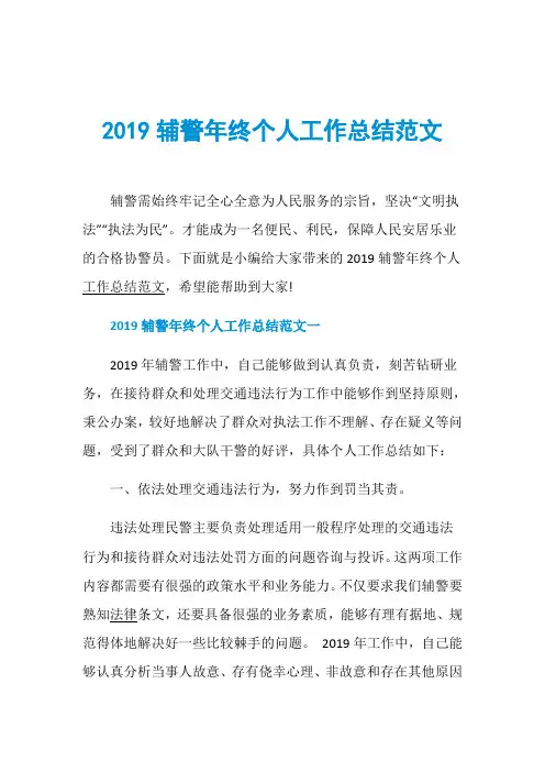 2019辅警年终个人工作总结范文