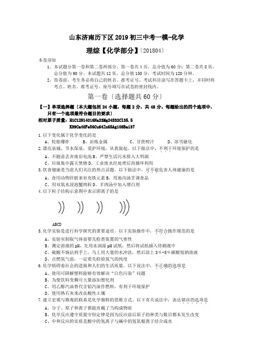 山东济南历下区2019初三中考一模-化学
