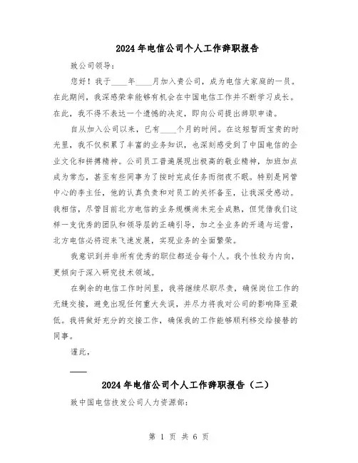 2024年电信公司个人工作辞职报告（五篇）