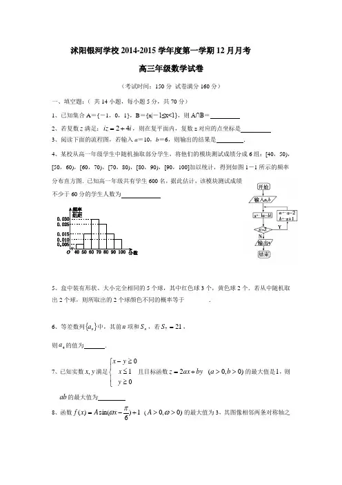 江苏省宿迁市沭阳银河学校2015届高三上学期12月月考数学(附答案)
