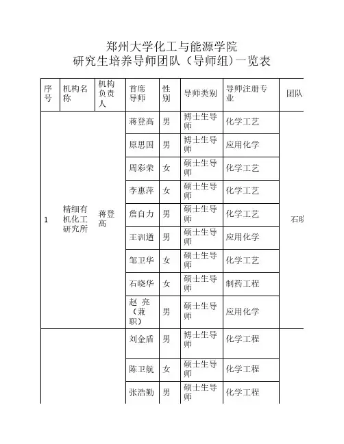 郑州大学化工与能源学院研究生培养导师团队(导师组)一览表