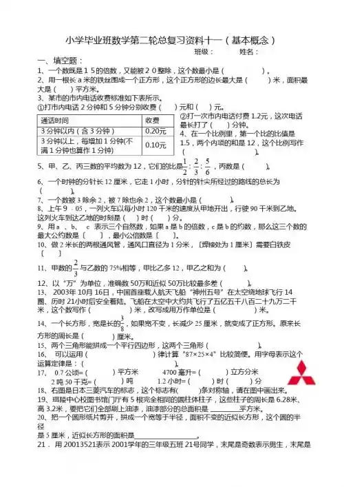 新课标人教版六年级数学下册 小学毕业班数学第二轮总复习资料十一(基本概念)